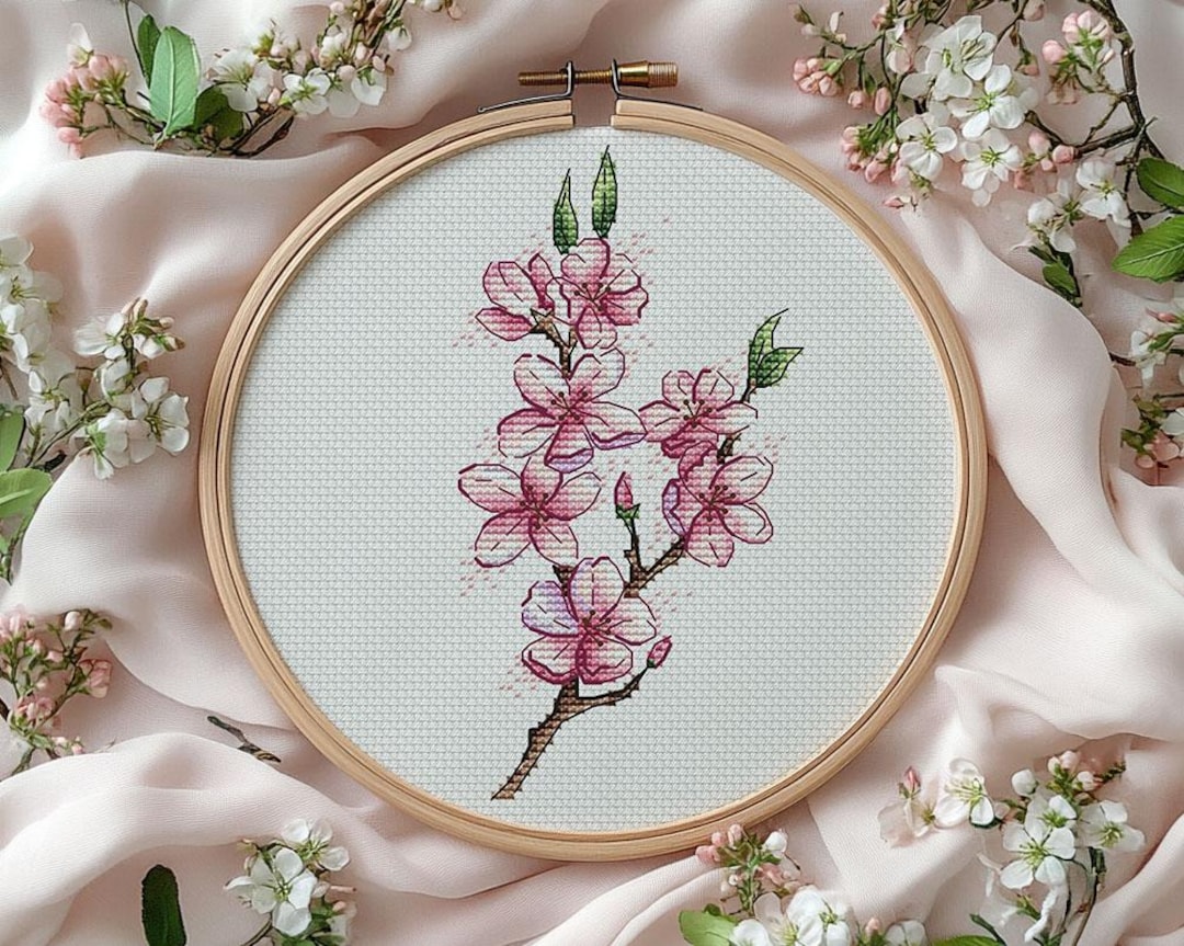 Sakura Blossom Cross Stitch Pattern, Floral Embroidery (PDF