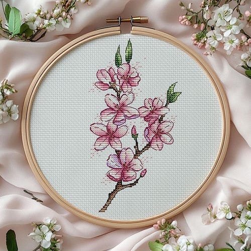 Sakura Blossom Cross Stitch Pattern, Floral Embroidery (PDF