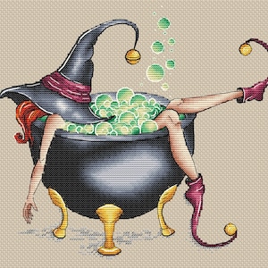 Witch Cross Stitch Pattern Cauldron Pattern Bath Embroidery Halloween Cross Stitch Funny Pattern DMC Chart Printable PDF Instant Download