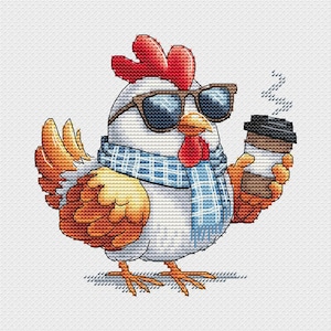 Patrón de punto de cruz de pollo fresco Patrón de pájaro PDF Patrón de pollo Patrón de café Patrón de dibujos animados Gráfico DMC PDF imprimible Descarga instantánea