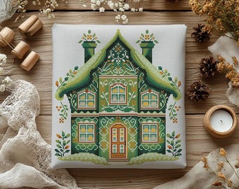 Green Cottage Cross Stitch Pattern: Flower House Embroidery (PDF Pattern)