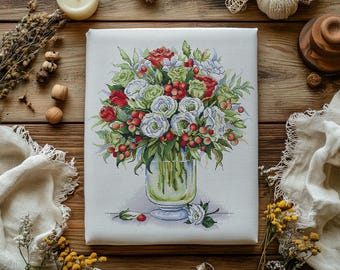 Floral Bouquet Cross Stitch Pattern, Modern Red Flowers (PDF Pattern)