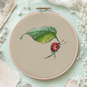 Ladybug Cross Stitch Pattern: Leaf Ladybird Embroidery (PDF Download)