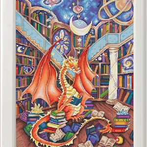 Bibliotheek draken kruissteekpatroon, fantasieborduurwerk (pdf-download)