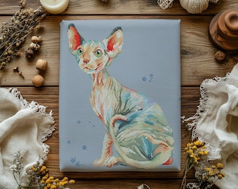 Watercolor Sphynx Cat Cross Stitch Pattern - DMC Chart (PDF Download)