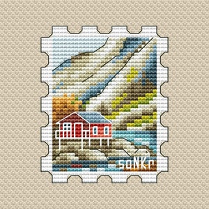 Motif maison au point de croix, timbre-poste, montagnes, motif PDF, petit motif, motif postal, carte DMC, PDF imprimable, téléchargement immédiat