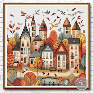 Fall City Cross Stitch Pattern Autumn Pattern Town Embroidery Houses Pattern Autumn Town Pattern DMC Chart Printable PDF Instant Download