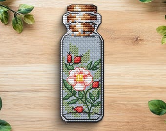 Patrón de punto de cruz de rosa mosqueta en botella, mini gráfico floral (patrón en PDF)