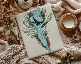 Schema punto croce piuma di pavone, cascata floreale (download PDF)