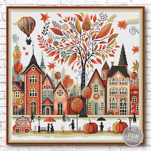 Autumn City Cross Stitch Pattern Fall PDF Pattern Town Embroidery Pumpkins Pattern Houses Pattern DMC Chart Printable PDF Instant Download
