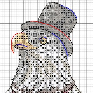 May include: A cross-stitch pattern on a grid featuring a bald eagle wearing a top hat. The design uses various black, white, and tan symbols to represent colors, with red and blue lines outlining the beak and hat for clear visual guidance.