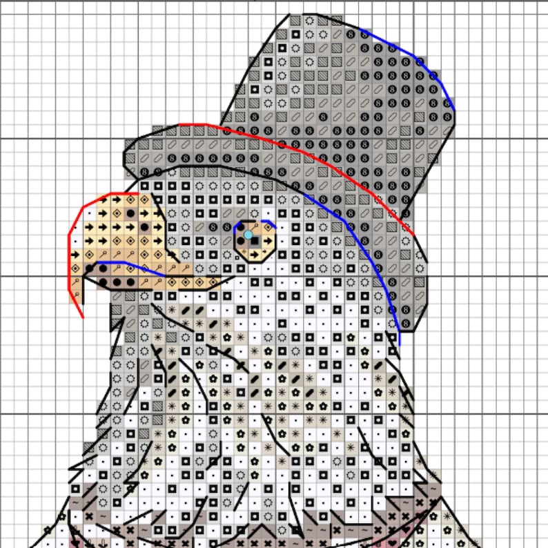 May include: A cross-stitch pattern on a grid featuring a bald eagle wearing a top hat. The design uses various black, white, and tan symbols to represent colors, with red and blue lines outlining the beak and hat for clear visual guidance.