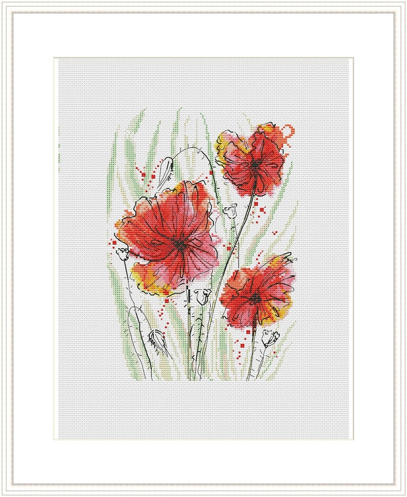 Poppy Cross Stitch Pattern Red Flowers Pattern PDF Watercolor Etsy
