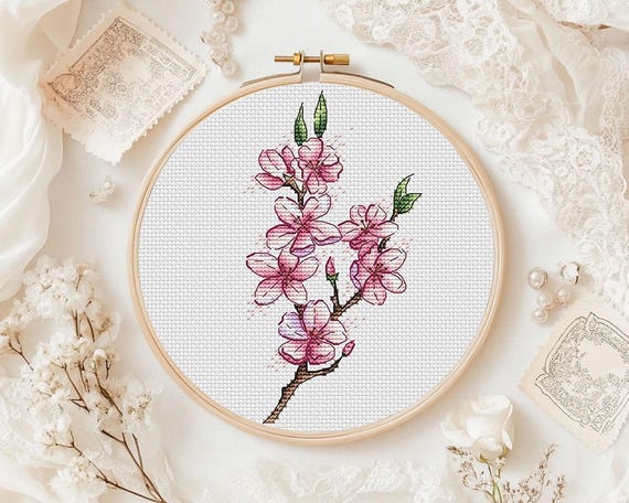 Sakura Blossom Cross Stitch Pattern, Floral Embroidery (PDF