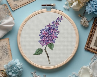 Modèle de point de croix branche de lilas : motif floral de broderie (modèle PDF)