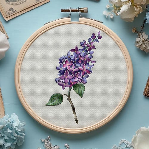 Lilac Branch Cross Stitch Pattern: Floral Embroidery Design (PDF