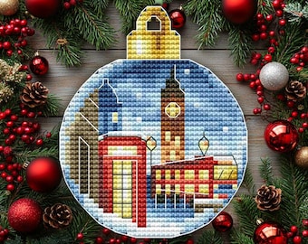 Modèle de point de croix Boule de Londres : Big Ben, décoration de Noël (Modèle PDF)