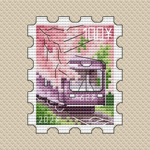 Motif tram au point de croix Motif de timbre-poste Petit motif PDF Mini motif de point de croix Carte postale DMC PDF imprimable Téléchargement instantané