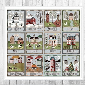 Kalender kruissteekpatroon dorp PDF-patroon seizoenen borduurwerk platteland patroon Cottage DMC-grafiek afdrukbare pdf direct downloaden