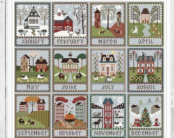 Calendar Village Cross Stitch Pattern: Seasons Embroidery (PDF Pattern)