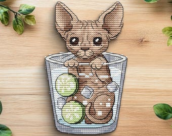 Padrão de Ponto Cruz de Gato Sphynx em Limonada | Arte Divertida de Bebida de Verão (Download Digital)