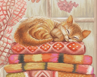 Sleeping Cat Cross Stitch Pattern Cute Kitten Pattern Ginger Cat Embroidery Tabby Cat Cross Stitch DMC Chart Printable PDF Instant Download