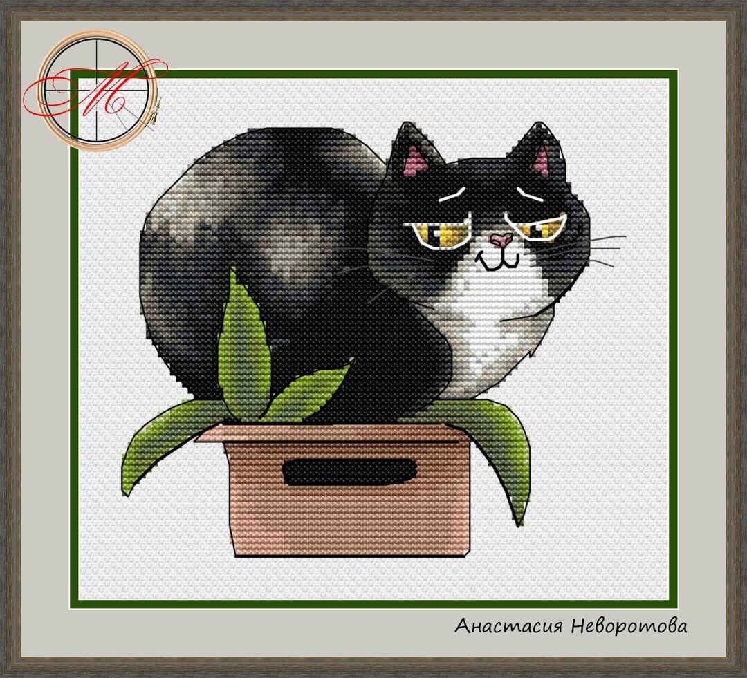 Cat in Box Cross Stitch Tuxedo Cat Cross Stitch Pattern Black Cat Cross
