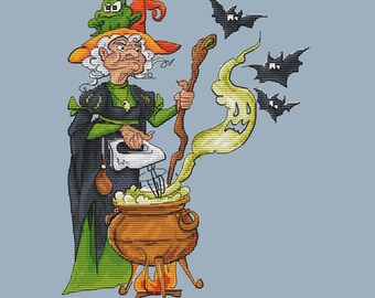 Witch Cross Stitch Pattern Halloween PDF Pattern Cauldron Embroidery Spooky Pattern Magic Pattern DMC Chart Printable PDF Instant Download