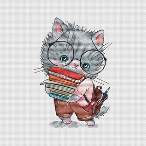 Cat Student Cross Stitch Pattern Cute Cat Pattern Fantasy Pattern Cartoon Pattern Grey Cat Pattern DMC Chart Printable PDF Instant Download