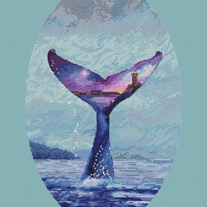 Patrón de punto de cruz de cola de ballena, patrón PDF de ballena azul, patrón de bordado de faro, gráfico DMC marino, PDF imprimible, descarga instantánea