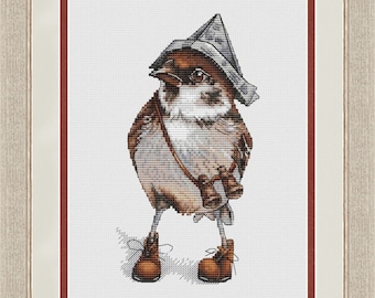 Sparrow Cross Stitch Funny Bird pattern pdf, Cute Bird embroidery Little Sparrow DMC Chart Printable PDF Instant Download