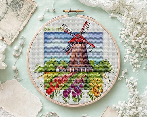 Holland Windmill & Tulips Cross Stitch Pattern, Spring Landscape