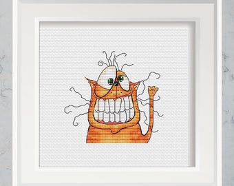 Ginger Tabby Cat Cross Stitch Pattern, Funny Crazy Cat (PDF Download)