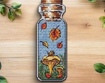Patrón de punto de cruz de botella con forma de hongo y hojas otoñales: Mini gráfico DMC (patrón en PDF)