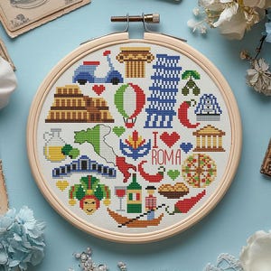 Italy Round Sampler Cross Stitch Pattern: Rome Embroidery (PDF Pattern)
