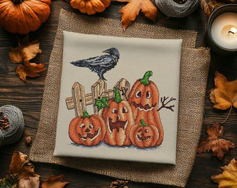 ハロウィンのカボチャとカラスのクロスステッチパターン（PDFパターン）