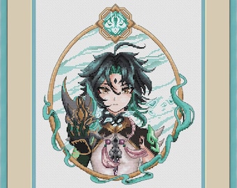 Xiao Cross Stitch Pattern Anime Pattern Genshin Cross Stitch Pattern Fantasy Pattern Portrait DMC Chart Printable PDF Instant Download