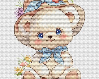 Patrón de punto de cruz de osito con sombrero, dibujo animado (patrón PDF)