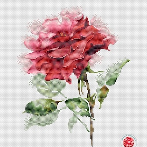 赤いバラのクロスステッチパターン 花柄 花の刺繍 バラのクロスステッチ 水彩パターン DMCチャート 印刷可能なPDF 即時ダウンロード