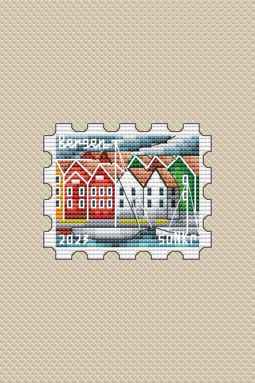 Norway Cross Stitch Pattern Postage Stamp Pattern Cityscape PDF Pattern