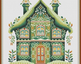 Schema per punto croce "Casetta Verde": Ricamo di una casa fiorita (schema in PDF)