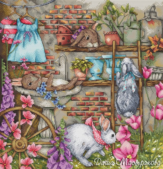Rabbits Cross Stitch Pattern Garden PDF Pattern Bunnies Embroidery Flowers Pattern Spring Pattern DMC Chart Printable PDF Instant Download