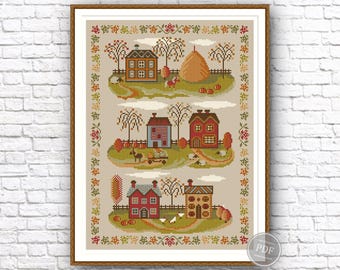 Patrón de punto de cruz "Aldea otoñal": Bordado de pueblo otoñal (patrón PDF)