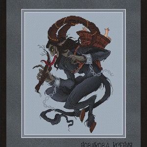 May include: A cross-stitch pattern featuring a dark-haired, horned creature with a chain and a sack on its back. The creature is flying through the air and has a menacing expression. The text "НОВИКОВА КСЕНИЯ" is at the bottom of the image.