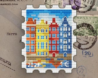 Patrón de punto de cruz de casas de Ámsterdam, paisaje urbano con sello postal (PDF)