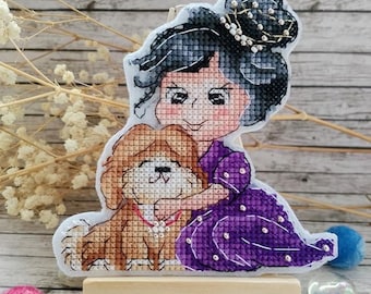 Girl and Puppy Cross Stitch Pattern, Woman Embroidery (PDF Pattern)