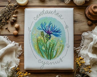 Cornflower Cross Stitch Pattern, Floral Embroidery (PDF Download)