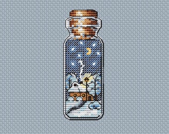 Winter Cross Stitch Pattern Bottle Pattern Landscape PDF Pattern House Pattern Night Pattern Mini DMC Chart Printable PDF Instant Download