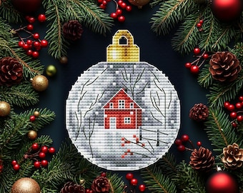 Patrón de punto de cruz para adorno navideño de cabaña de invierno (patrón PDF)