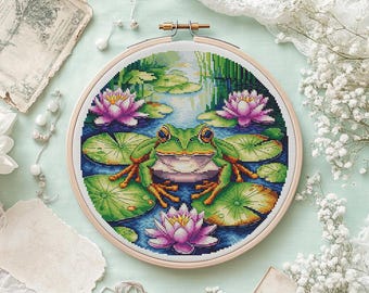 Patrón de punto de cruz de rana entre lotos / Bordado de estanque zen (descarga digital)